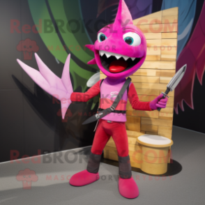 Magenta Swordfish mascot costume character dressed with a Skinny Jeans and Wallets