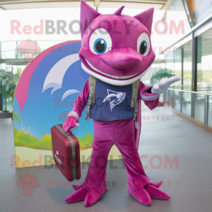 Magenta Swordfish mascot costume character dressed with a Skinny Jeans and Wallets