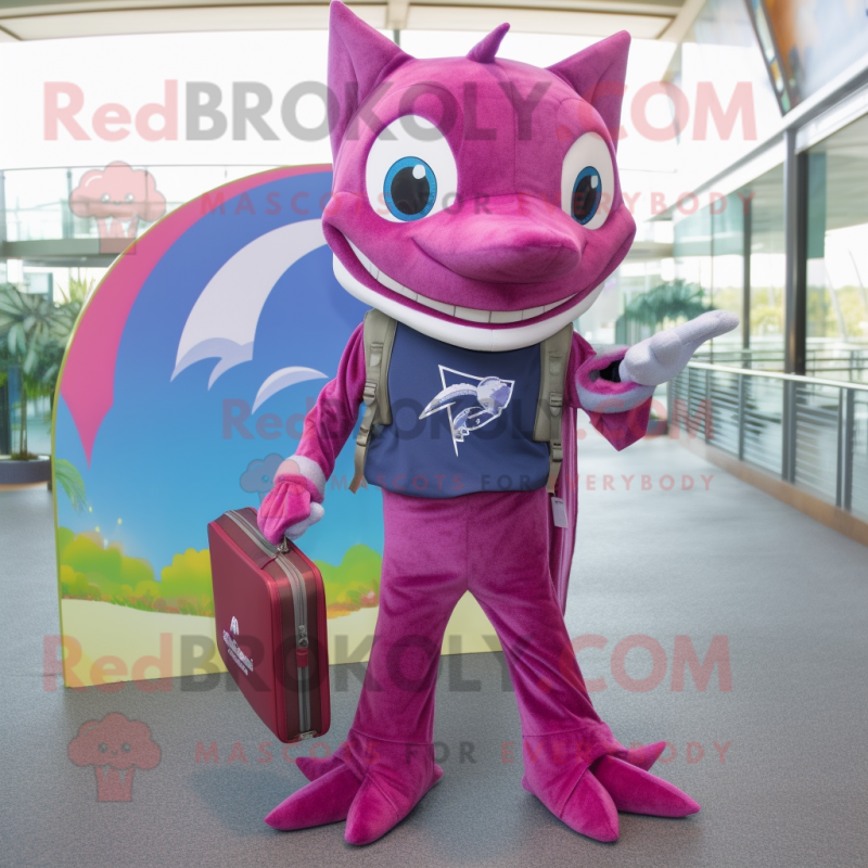 Magenta Swordfish mascot costume character dressed with a Skinny Jeans and Wallets Magenta Swordfish mascot costume character dressed with a Skinny Jeans and Wallets