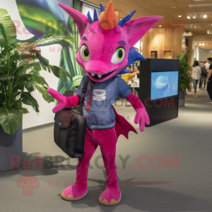 Magenta Swordfish mascot costume character dressed with a Skinny Jeans and Wallets