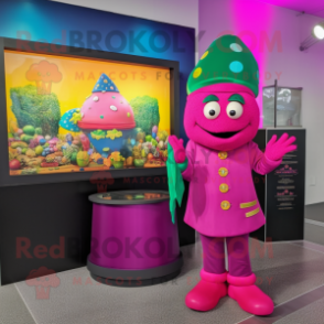 Magenta Pot Of Gold mascot costume character dressed with a Turtleneck and Berets