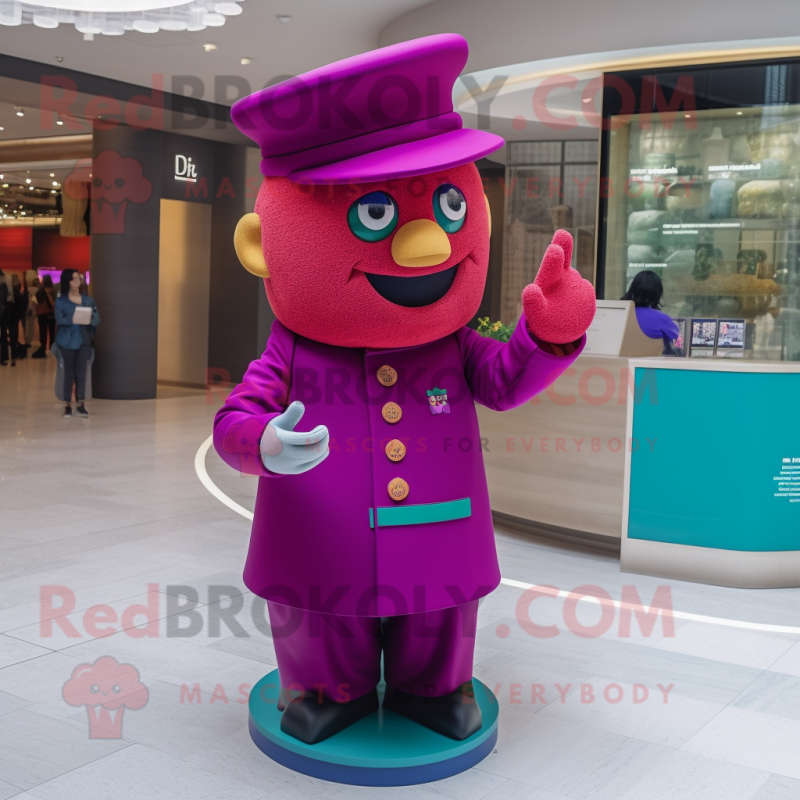 Magenta Pot Of Gold mascot costume character dressed with a Turtleneck and Berets Magenta Pot Of Gold mascot costume character dressed with a Turtleneck and Berets