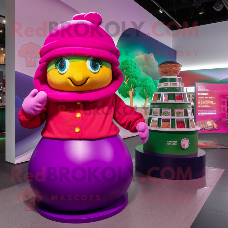 Magenta Pot Of Gold mascot costume character dressed with a Turtleneck and Berets Magenta Pot Of Gold mascot costume character dressed with a Turtleneck and Berets