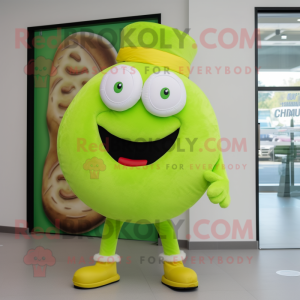 Lime Green Donut mascot costume character dressed with a Chinos and Beanies