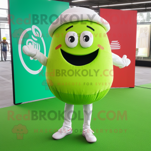 Lime Green Donut mascot costume character dressed with a Chinos and Beanies