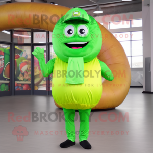 Lime Green Donut mascot costume character dressed with a Chinos and Beanies