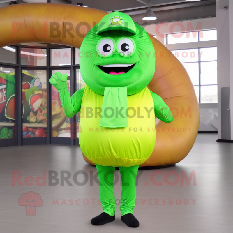 Lime Green Donut mascot costume character dressed with a Chinos and Beanies