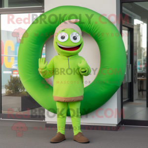 Lime Green Donut mascot costume character dressed with a Chinos and Beanies
