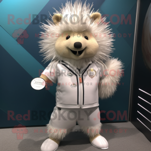 White Porcupine mascot costume character dressed with a Henley Tee and Lapel pins