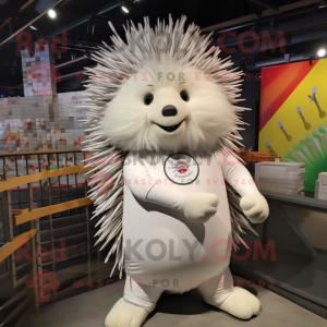 White Porcupine mascot costume character dressed with a Henley Tee and Lapel pins