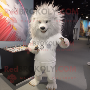 White Porcupine mascot costume character dressed with a Henley Tee and Lapel pins
