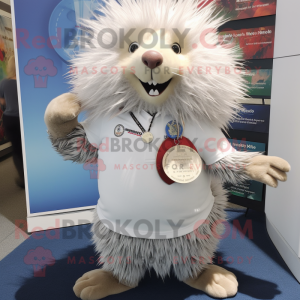 White Porcupine mascot costume character dressed with a Henley Tee and Lapel pins