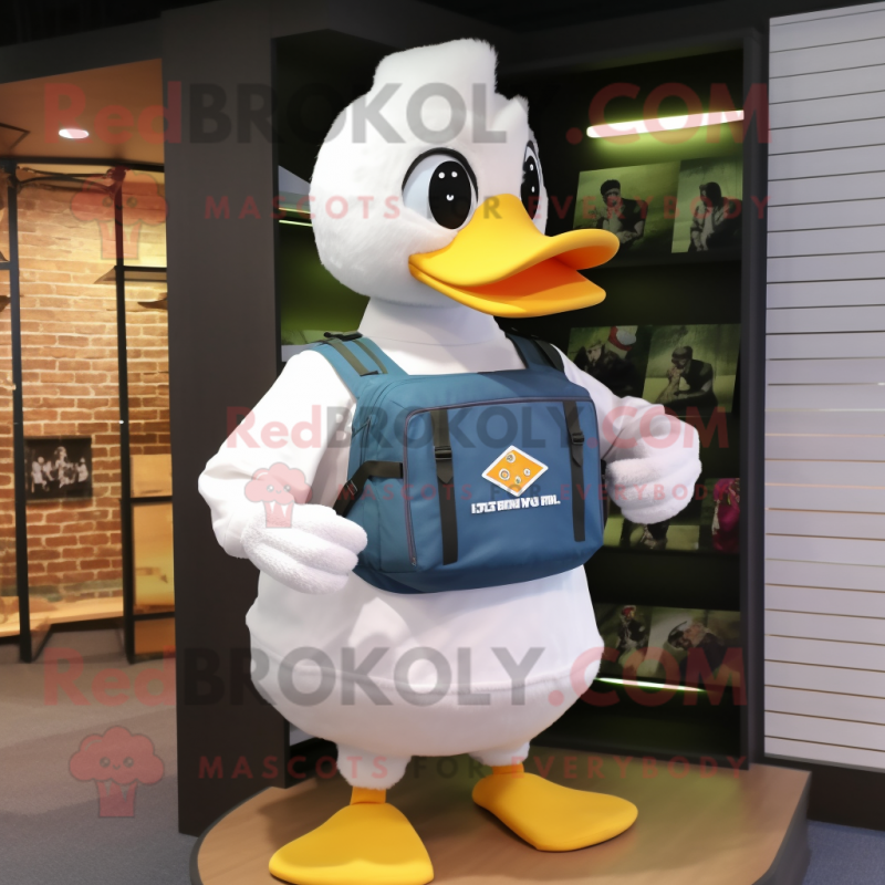 White Duck mascot costume character dressed with a Tank Top and Messenger bags