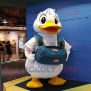 White Duck mascot costume character dressed with a Tank Top and Messenger bags