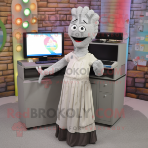 Gray Computer mascot costume character dressed with a Maxi Skirt and Earrings