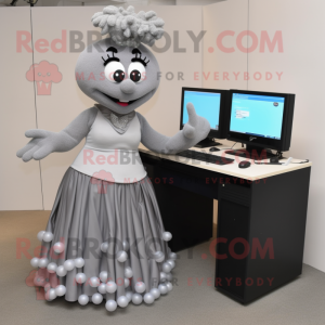 Gray Computer mascot costume character dressed with a Maxi Skirt and Earrings