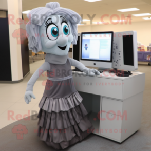 Gray Computer mascot costume character dressed with a Maxi Skirt and Earrings