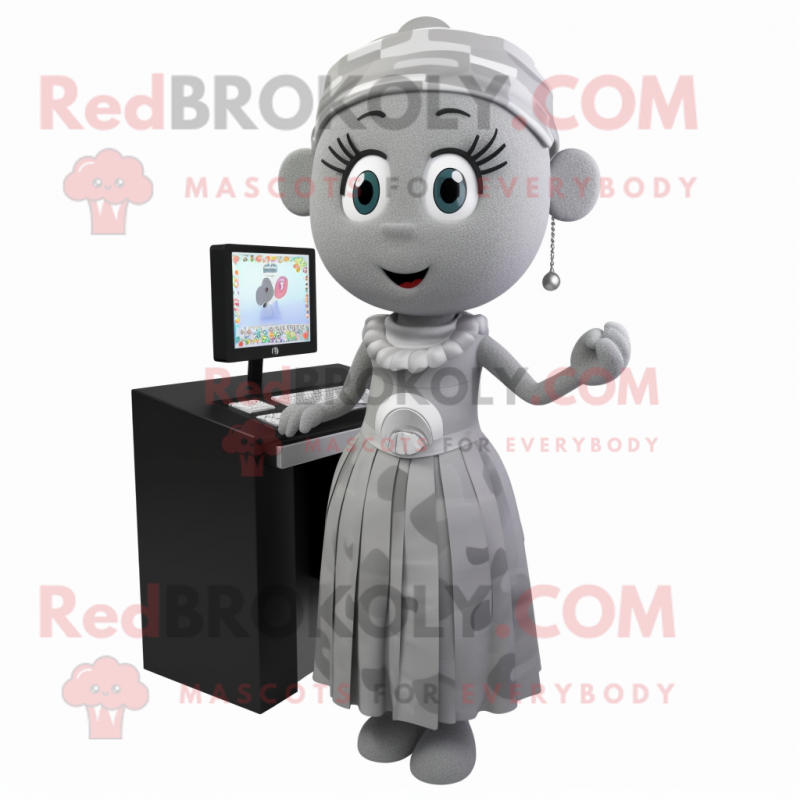 Gray Computer mascot costume character dressed with a Maxi Skirt and Earrings