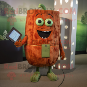 Rust Zucchini mascot costume character dressed with a Midi Dress and Wallets