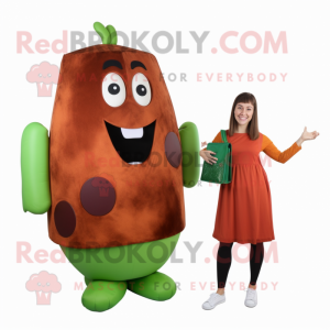 Rust Zucchini mascot costume character dressed with a Midi Dress and Wallets