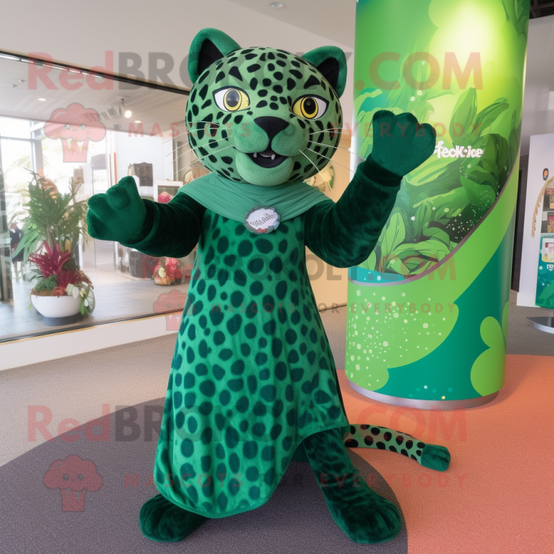 Forest Green Jaguar mascot costume character dressed with a Wrap Dress and Anklets