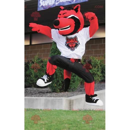 Mascotte de chat de loup rouge noir et blanc - Redbrokoly.com