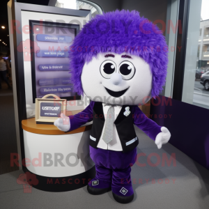 Lavender Shepard'S Pie mascot costume character dressed with a Suit and Coin purses
