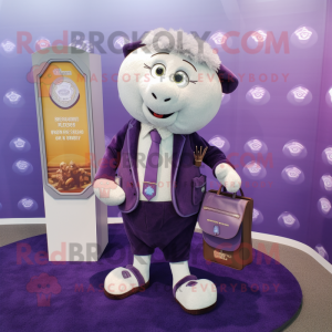 Lavender Shepard'S Pie mascot costume character dressed with a Suit and Coin purses