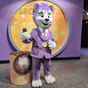Lavender Shepard'S Pie mascot costume character dressed with a Suit and Coin purses