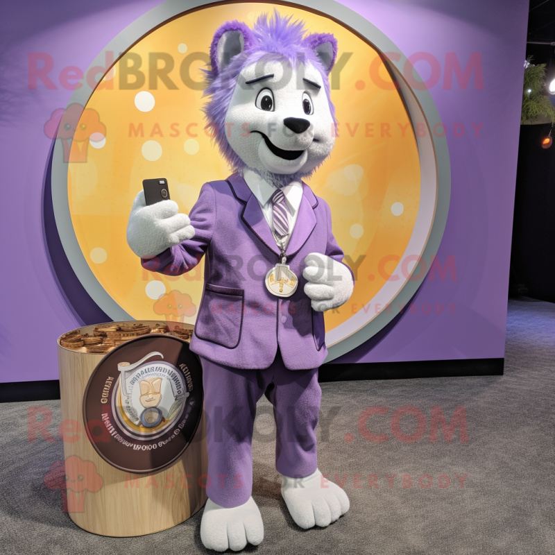 Lavender Shepard'S Pie mascot costume character dressed with a Suit and Coin purses Lavender Shepard'S Pie mascot costume character dressed with a Suit and Coin purses