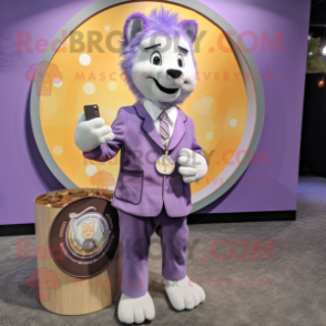 Lavender Shepard'S Pie mascot costume character dressed with a Suit and Coin purses