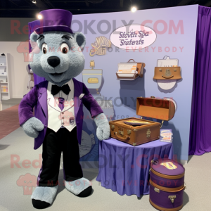 Lavender Shepard'S Pie mascot costume character dressed with a Suit and Coin purses