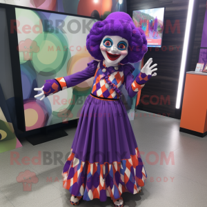 Purple Clown mascot costume character dressed with a Skirt and Bracelets