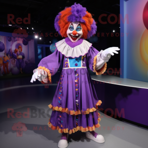 Purple Clown mascot costume character dressed with a Skirt and Bracelets