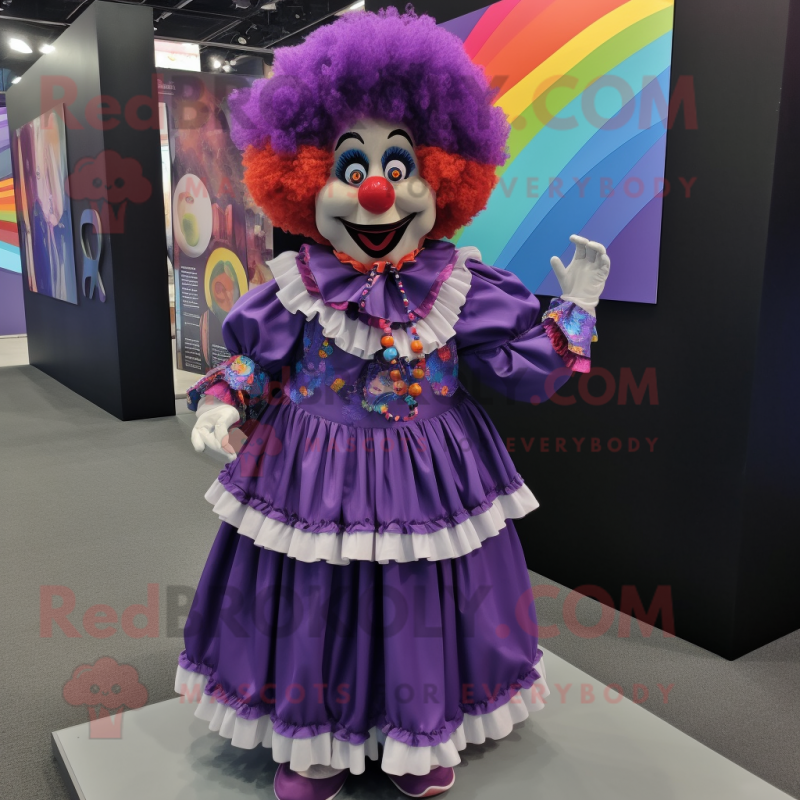 Purple Clown mascot costume character dressed with a Skirt and Bracelets Purple Clown mascot costume character dressed with a Skirt and Bracelets