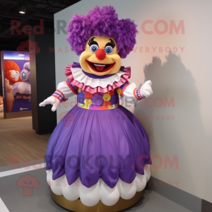 Purple Clown mascot costume character dressed with a Skirt and Bracelets