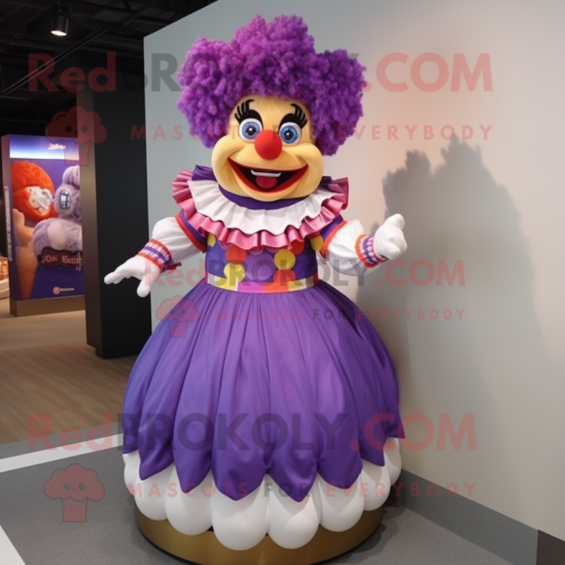 Purple Clown mascot costume character dressed with a Skirt and Bracelets