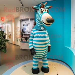 Cyan Zebra mascot costume character dressed with a Cardigan and Cummerbunds