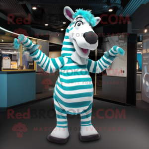 Cyan Zebra mascot costume character dressed with a Cardigan and Cummerbunds