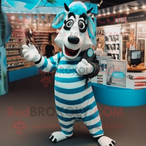 Cyan Zebra mascot costume character dressed with a Cardigan and Cummerbunds