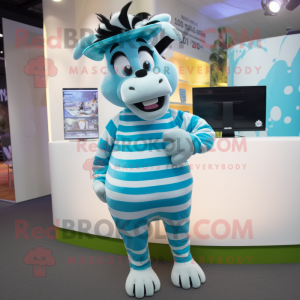 Cyan Zebra mascot costume character dressed with a Cardigan and Cummerbunds