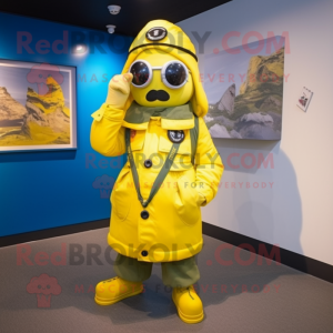 Lemon Yellow Navy Soldier mascot costume character dressed with a Parka and Scarf clips