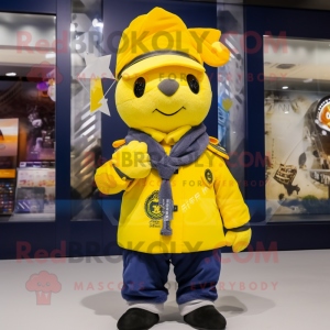 Lemon Yellow Navy Soldier mascot costume character dressed with a Parka and Scarf clips