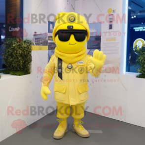 Lemon Yellow Navy Soldier mascot costume character dressed with a Parka and Scarf clips