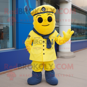 Lemon Yellow Navy Soldier mascot costume character dressed with a Parka and Scarf clips