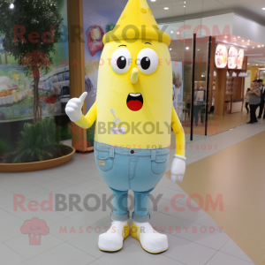 Lemon Yellow Ice Cream mascot costume character dressed with a Bootcut Jeans and Shoe laces