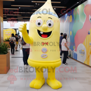 Lemon Yellow Ice Cream mascot costume character dressed with a Bootcut Jeans and Shoe laces