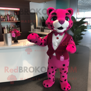 Magenta Jaguar mascot costume character dressed with a Cocktail Dress and Briefcases