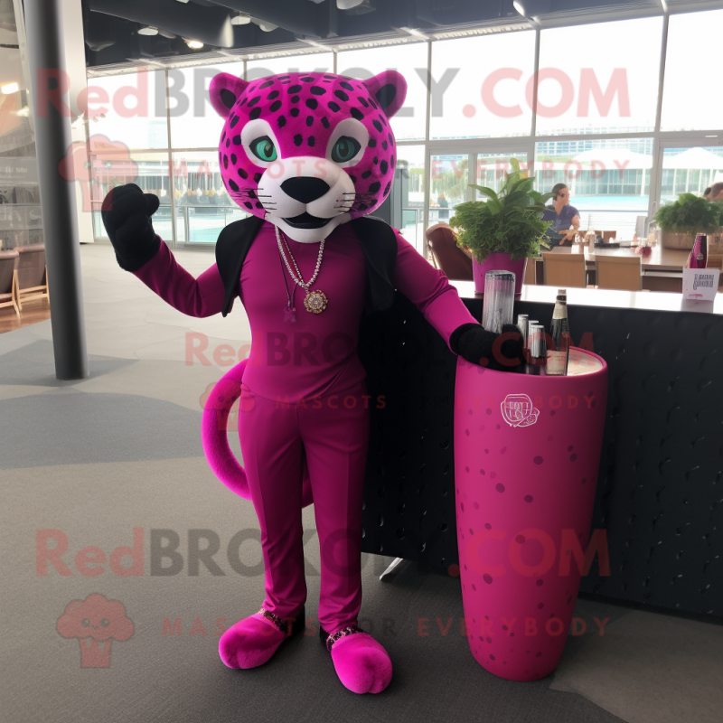 Magenta Jaguar mascot costume character dressed with a Cocktail Dress and Briefcases