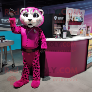 Magenta Jaguar mascot costume character dressed with a Cocktail Dress and Briefcases